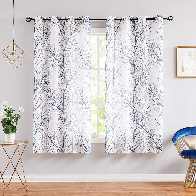 FMFUNCTEX Blue White Curtains 50" X 45" for Kitchen Living Room Tree Branch Print Wrinkle- Free Small Linen Texture Semi Sheer Window Panels for Bedroom 2 Panels, Grommet Top - Image 2